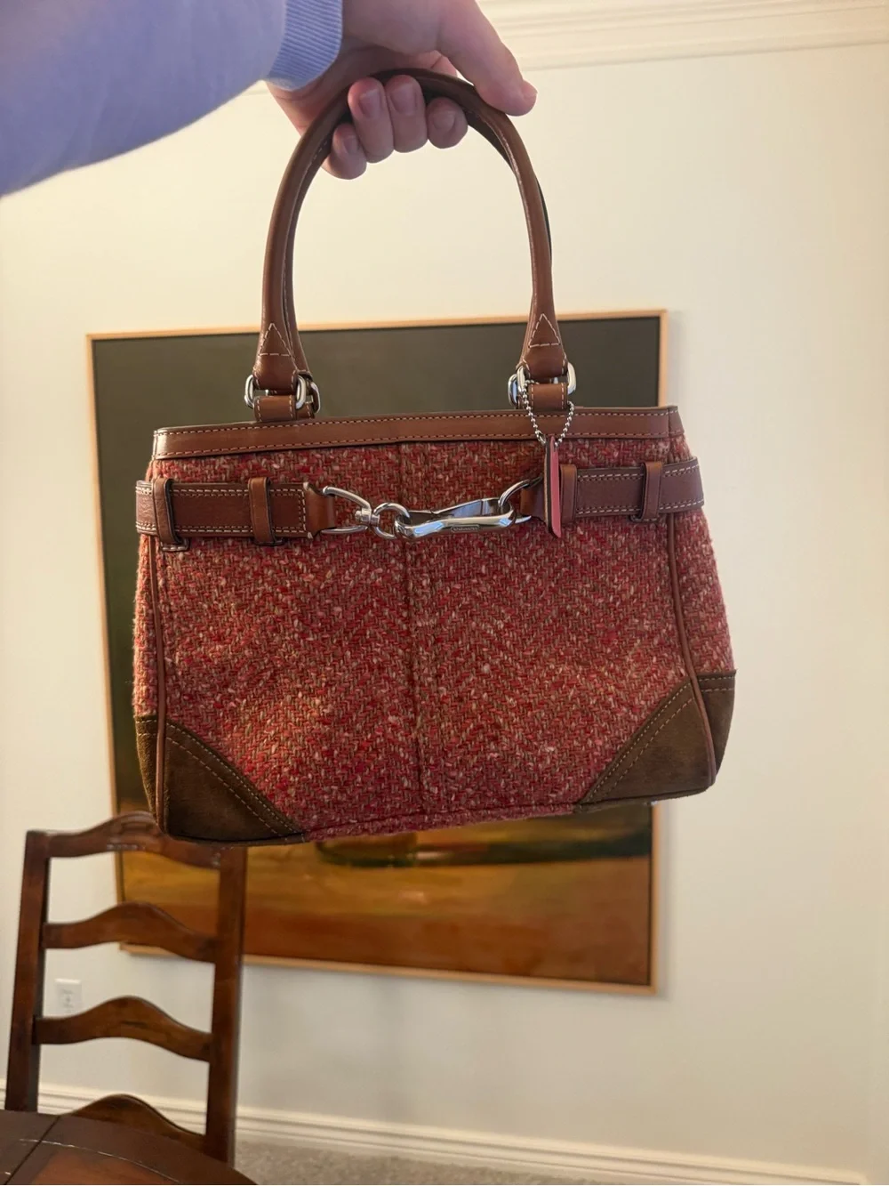 Coach Red Tweed and Brown Leather Top-Handle Satchel - Picture 1 of 15